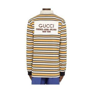NWT GUCCI Polo Shirt Stripe Rugby Sz L Cotton Yellow Border 758531